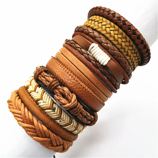 10-Piece Black Braided Leather Wrap Bracelet Set