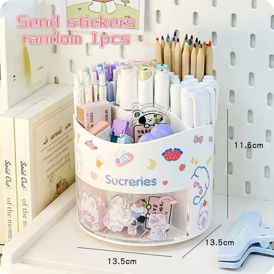 Cute Rotating Pen Holder with Drawer Storage Organizer