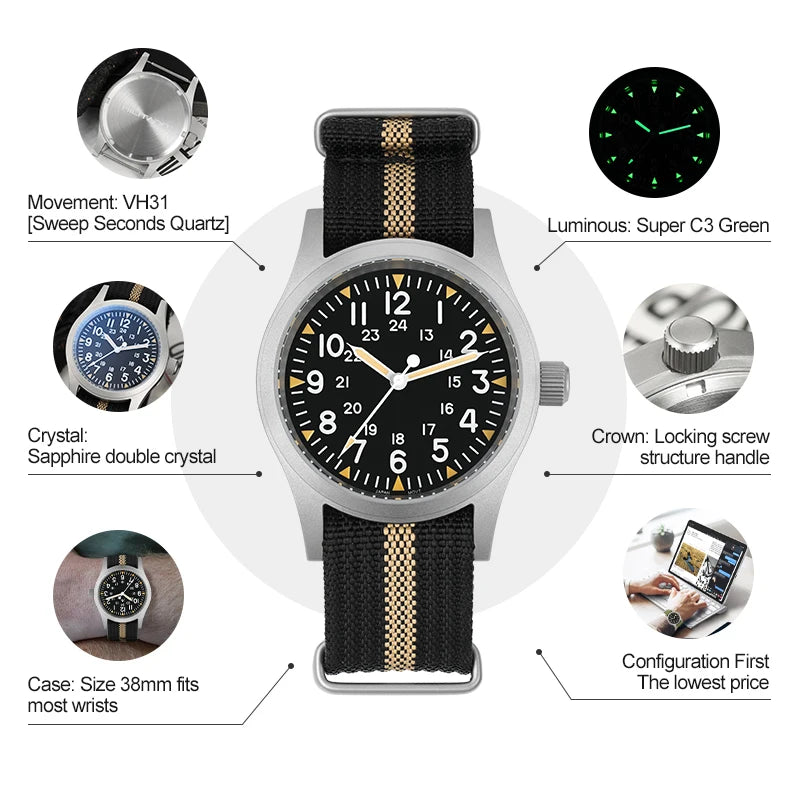 Militado ML05 38mm Field Watch Sapphire 100M VH31 Quartz
