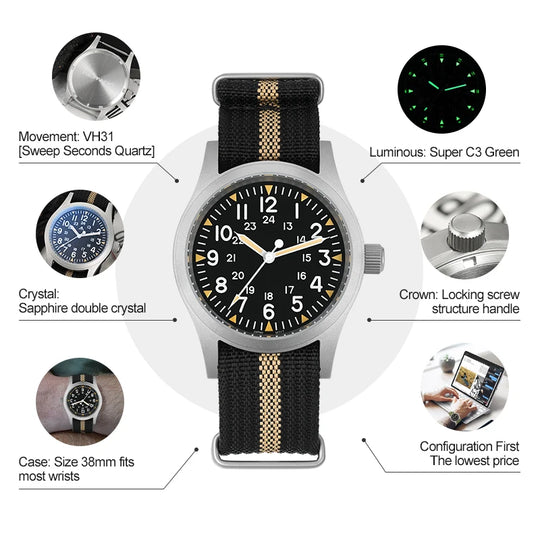 Militado ML05 38mm Field Watch Sapphire 100M VH31 Quartz