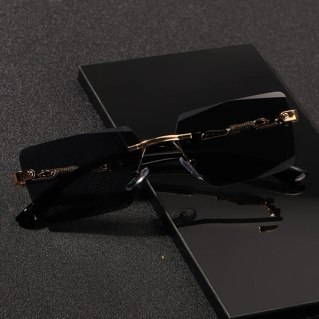 Rimless Rectangle Sunglasses with Gold Temples