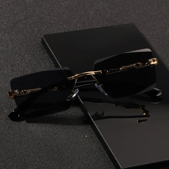 Rimless Rectangle Sunglasses with Gold Temples