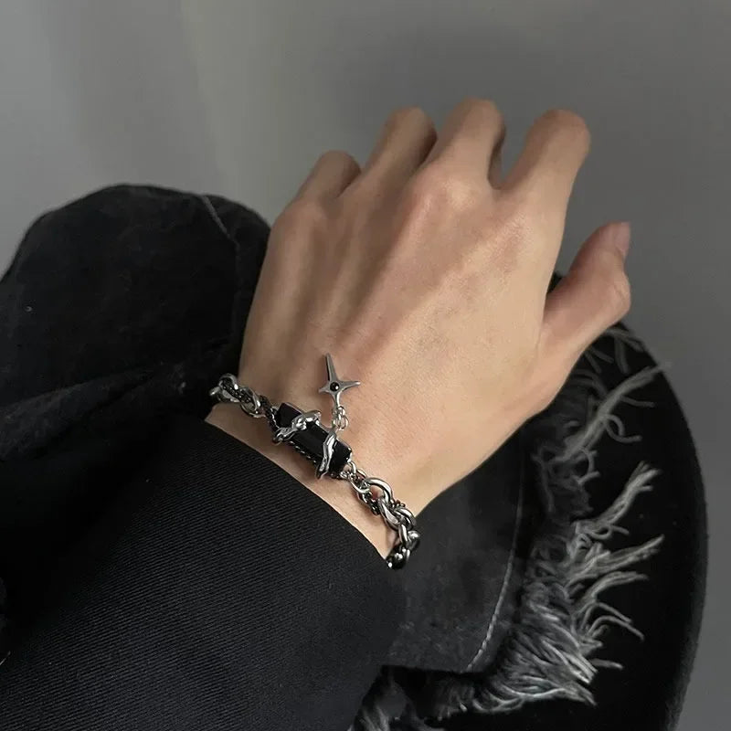 Retro Black Zircon Stainless Steel Chain Bracelet
