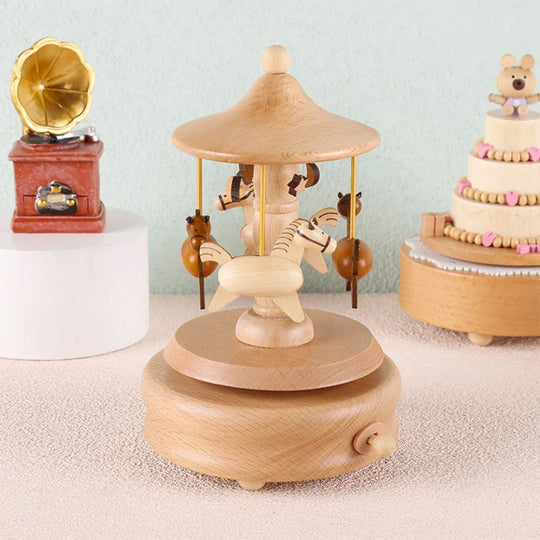 Wooden Carousel Music Box Hand Crank Musical Ornament