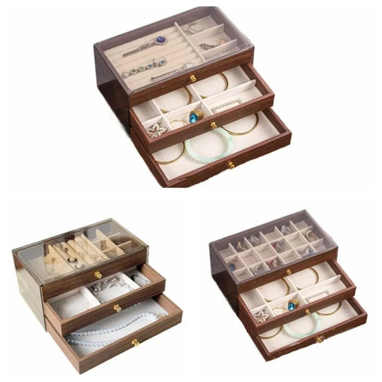 3-Tier Wooden Jewelry Organizer Box with Clear Lid