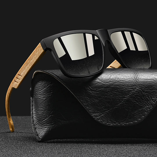 Vintage Square Mirror Sunglasses with Wood-Style Temples