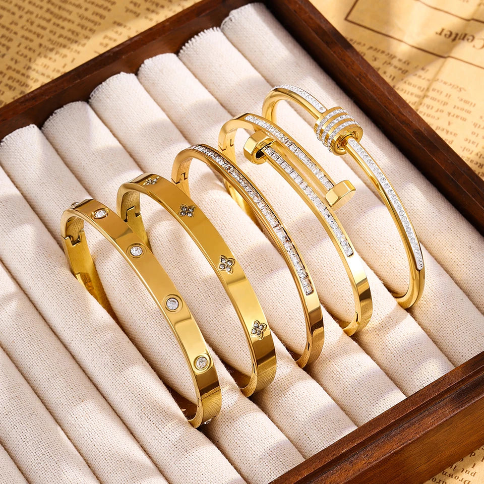 Gold Stainless Steel Zircon Bangle Bracelet