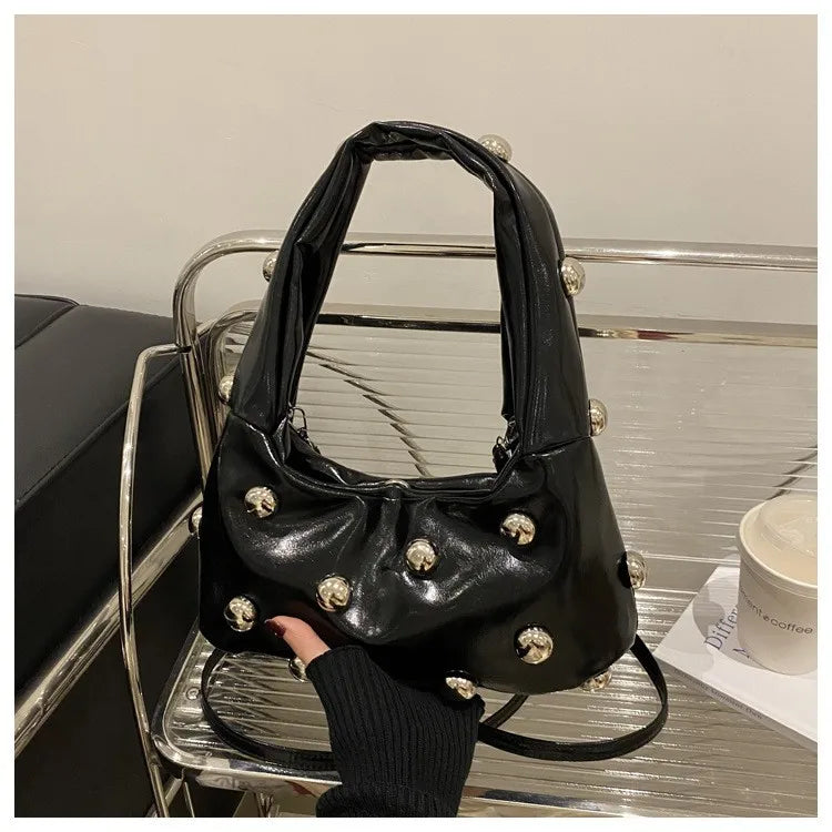 Studded PU Leather Hobo Shoulder Bag for Women
