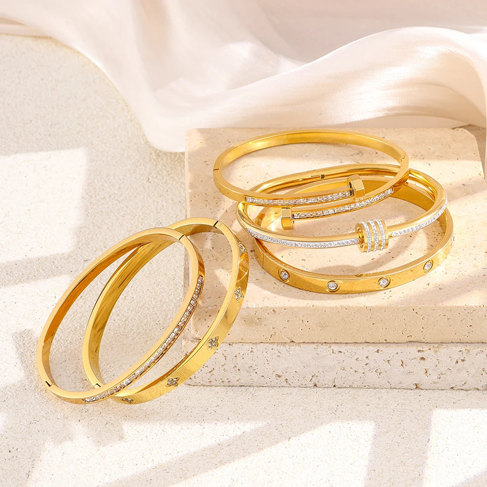 Gold Stainless Steel Zircon Bangle Bracelet