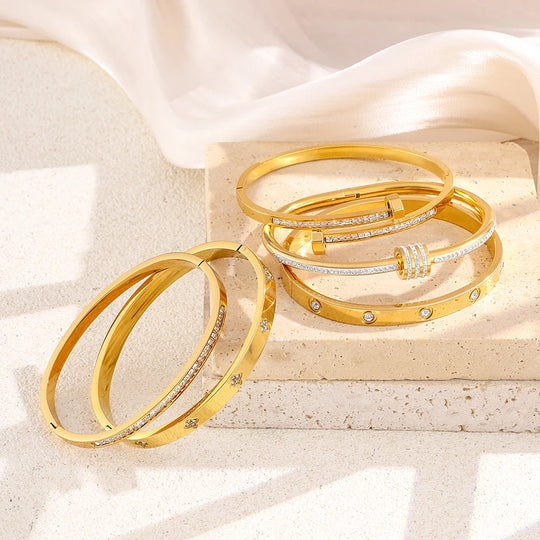 Gold Stainless Steel Zircon Bangle Bracelet