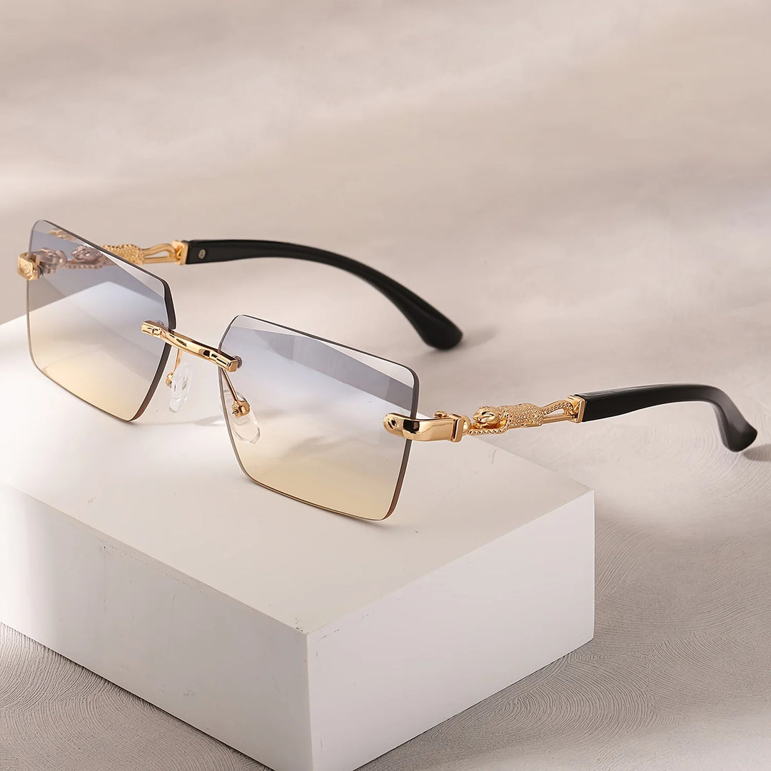 Rimless Rectangle Sunglasses with Gold Temples