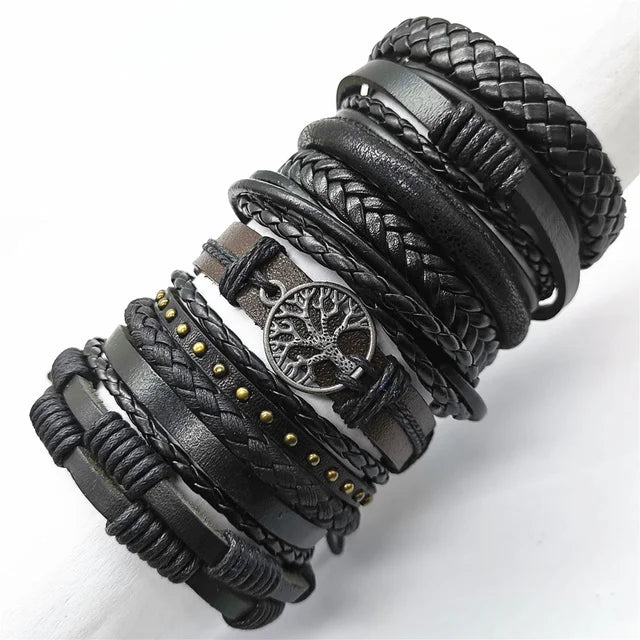 10-Piece Black Braided Leather Wrap Bracelet Set