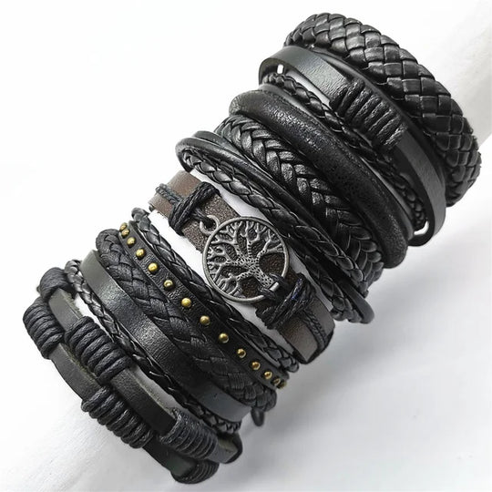 10-Piece Black Braided Leather Wrap Bracelet Set