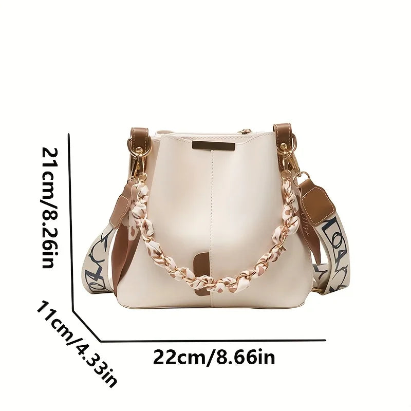 Luxury Bucket Shoulder Bag with Chain Scarf Strap