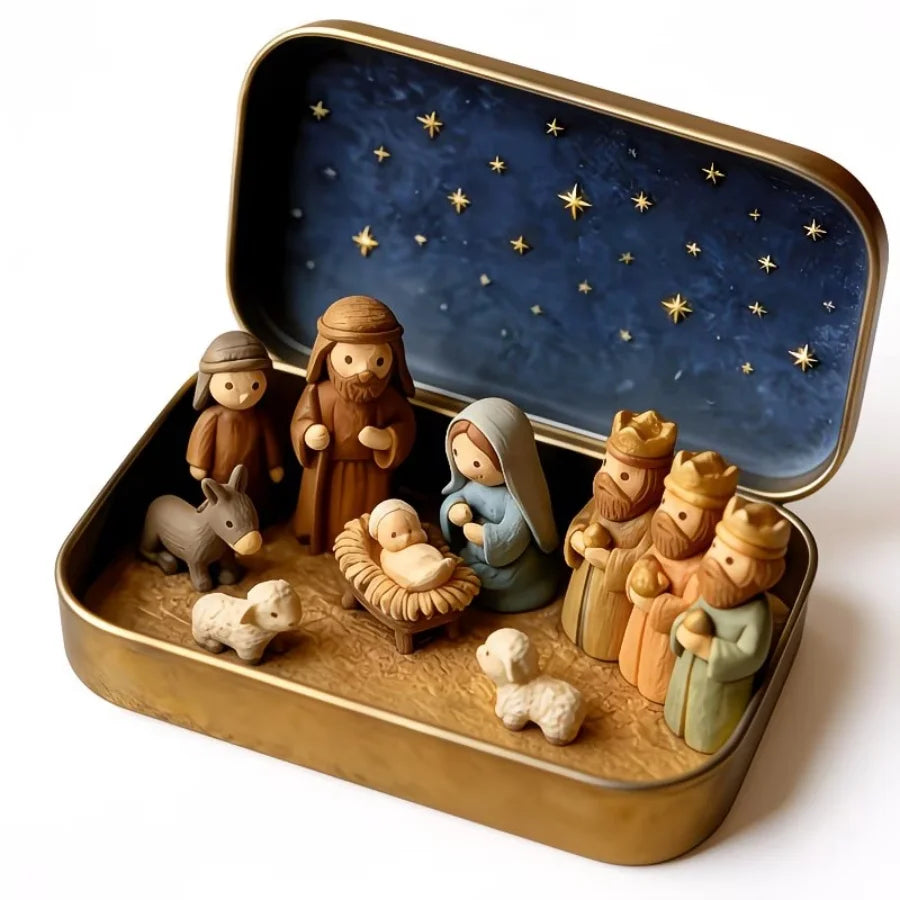 Portable Miniature Christmas Nativity Scene in Tin Box