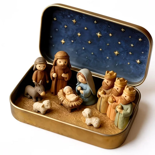 Portable Miniature Christmas Nativity Scene in Tin Box