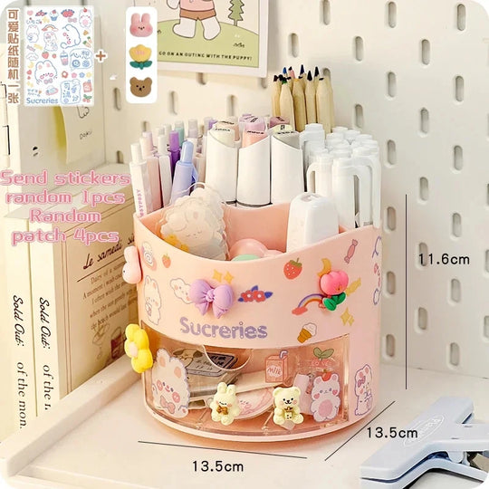 Cute Rotating Pen Holder with Drawer Storage Organizer