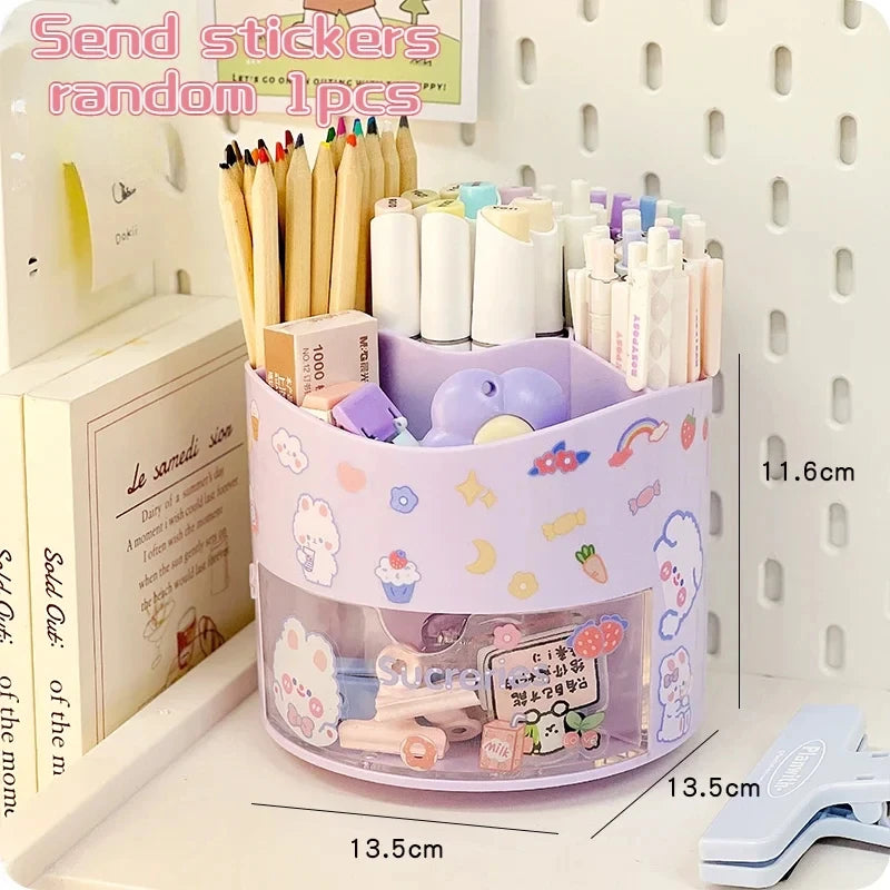 Cute Rotating Pen Holder with Drawer Storage Organizer