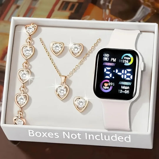 6-Piece Digital Watch &amp; Heart Jewelry Gift Set