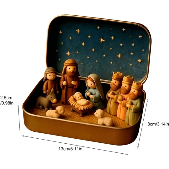 Portable Miniature Christmas Nativity Scene in Tin Box