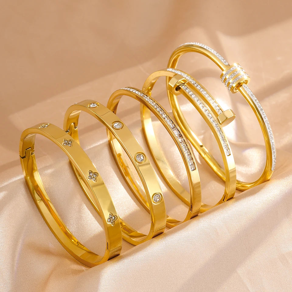 Gold Stainless Steel Zircon Bangle Bracelet