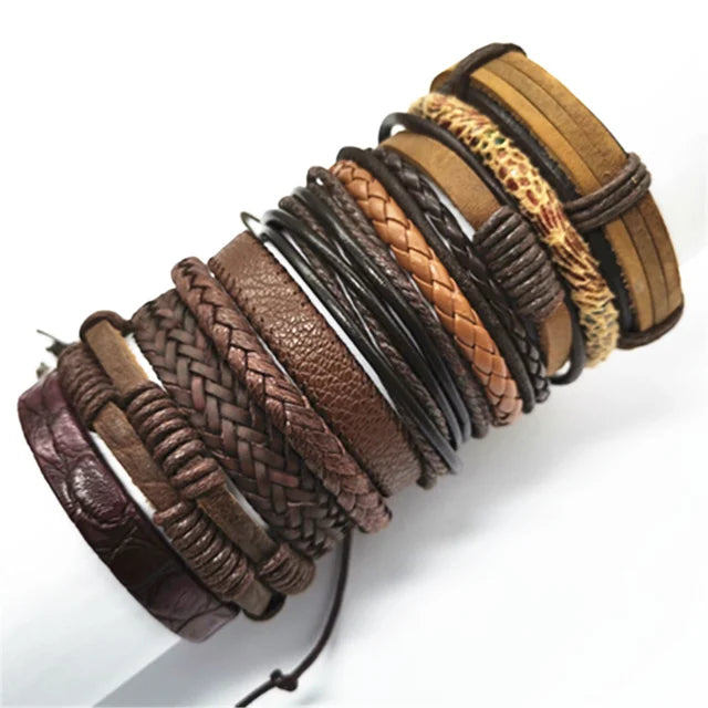 10-Piece Black Braided Leather Wrap Bracelet Set