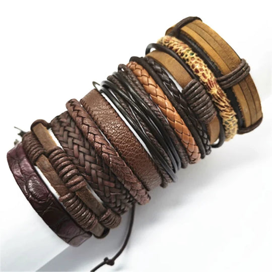 10-Piece Black Braided Leather Wrap Bracelet Set