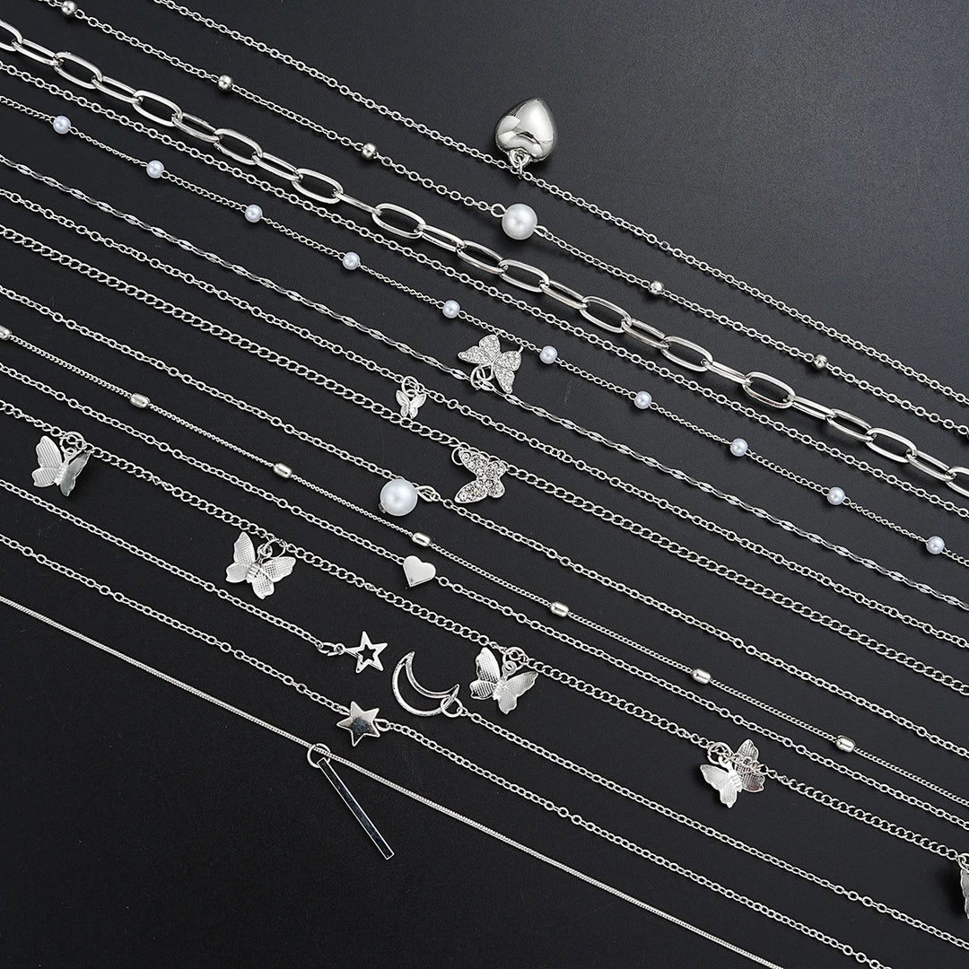 13-Piece Silver Tone Charm Necklace Set for Women