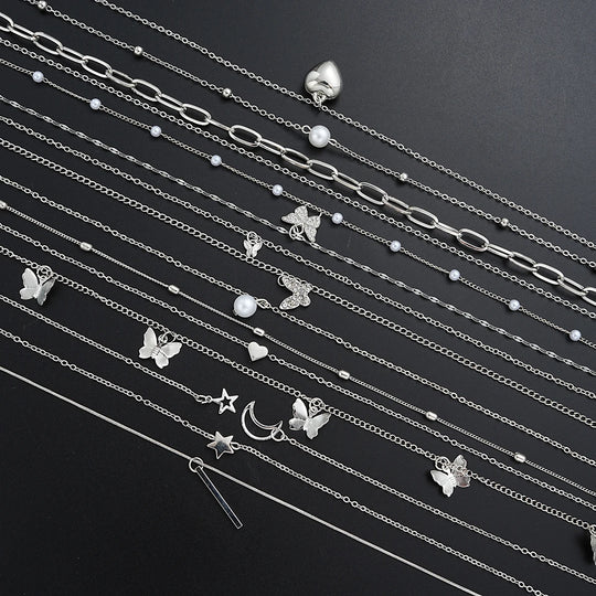 13-Piece Silver Tone Charm Necklace Set for Women