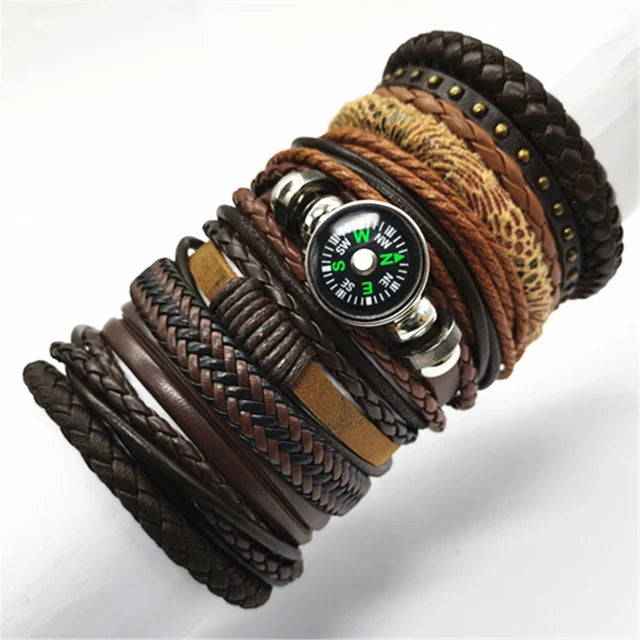 10-Piece Black Braided Leather Wrap Bracelet Set