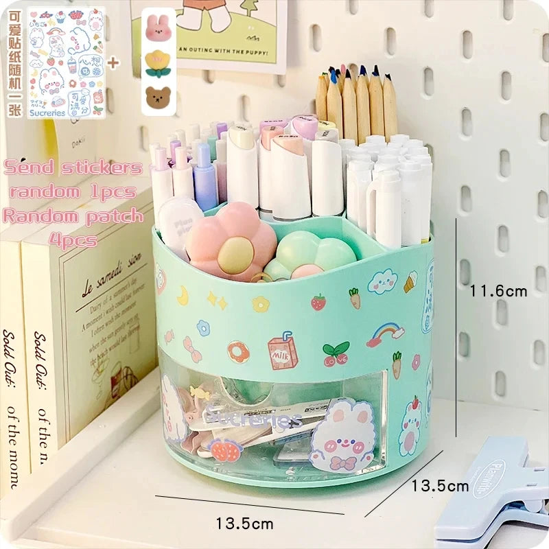Cute Rotating Pen Holder with Drawer Storage Organizer