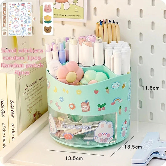 Cute Rotating Pen Holder with Drawer Storage Organizer