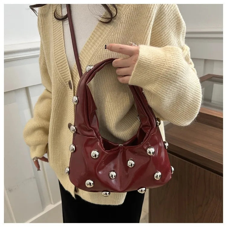 Studded PU Leather Hobo Shoulder Bag for Women