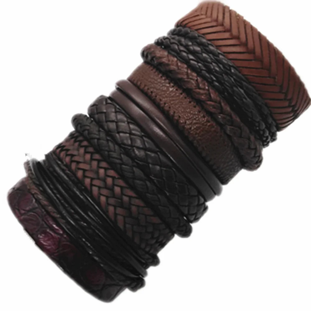 10-Piece Black Braided Leather Wrap Bracelet Set
