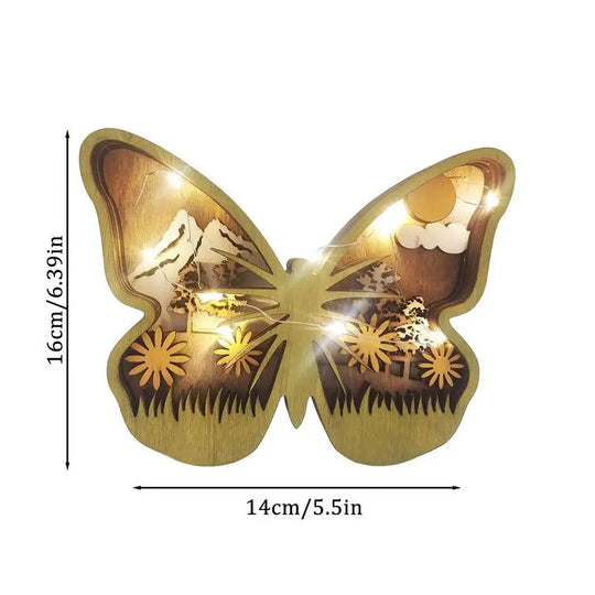 LED Wooden Butterfly Ornament with Hollow Forest Design