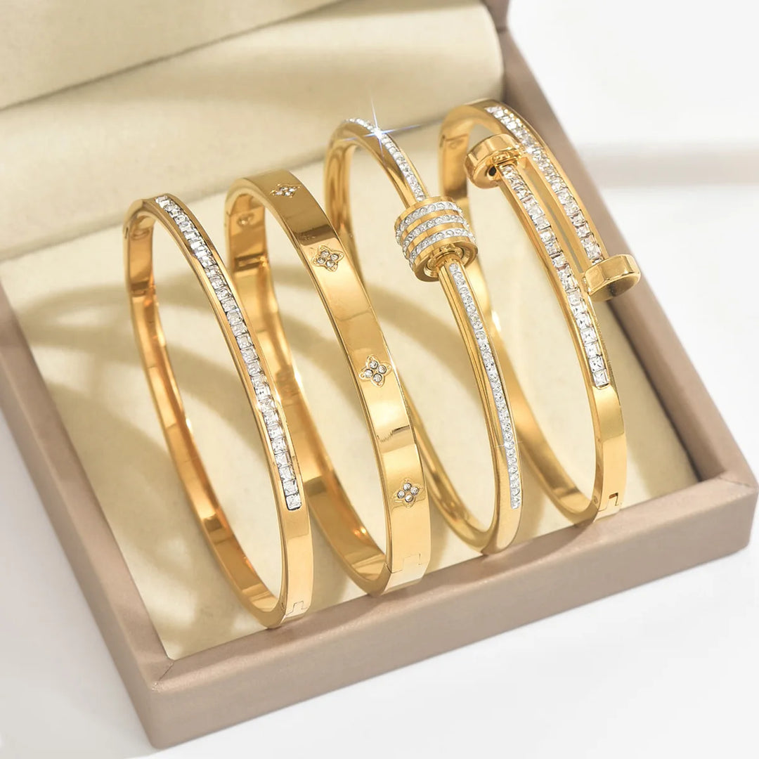 Gold Stainless Steel Zircon Bangle Bracelet