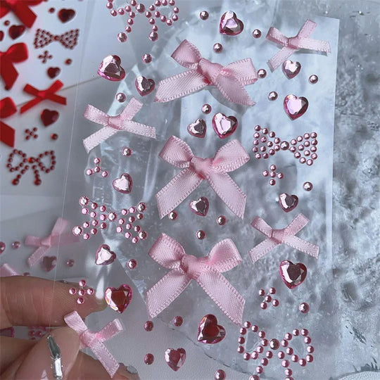 3D Bow &amp; Heart Gem Decorative Sticker Sheet