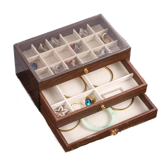 3-Tier Wooden Jewelry Organizer Box with Clear Lid