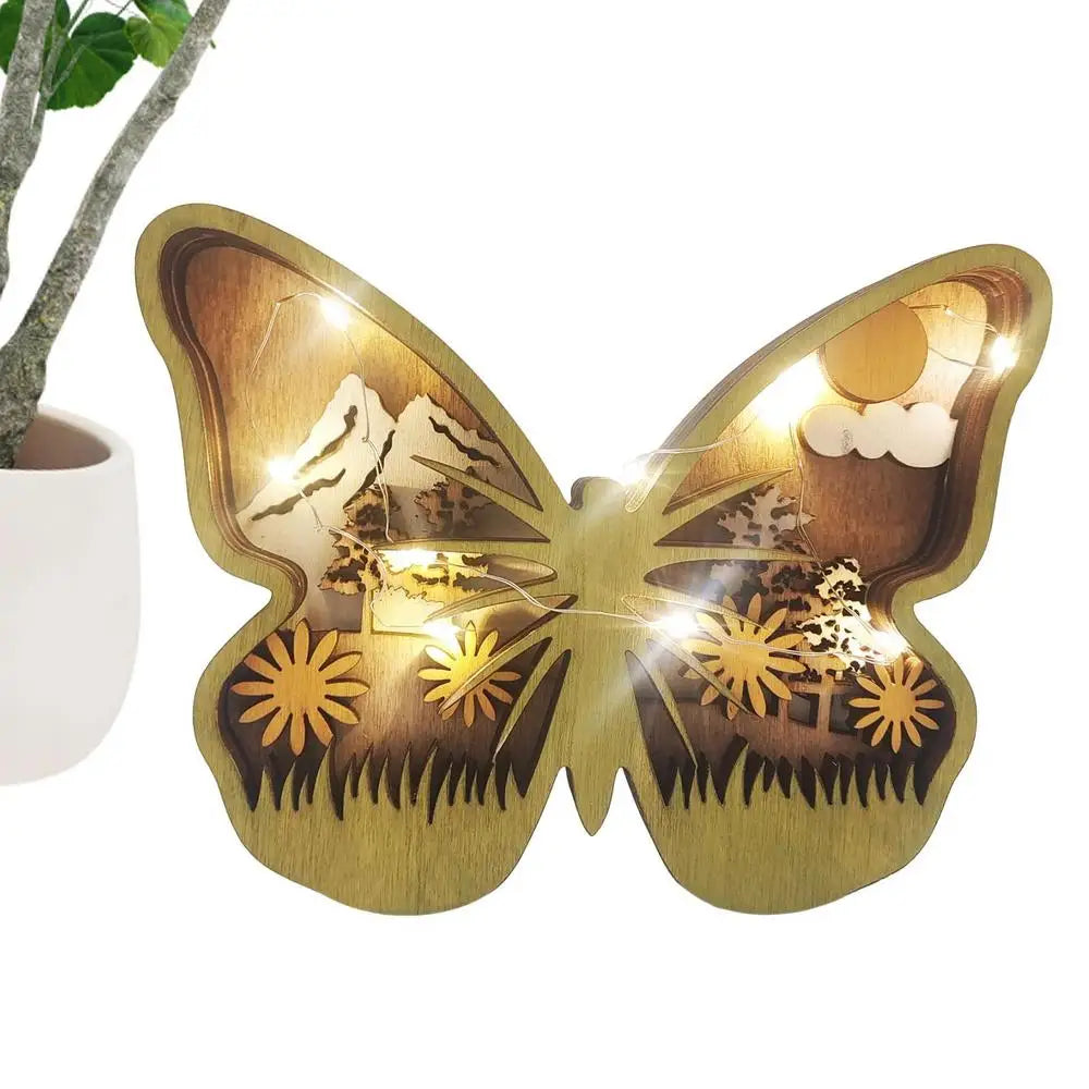 LED Wooden Butterfly Ornament with Hollow Forest Design
