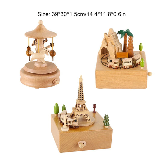Wooden Carousel Music Box Hand Crank Musical Ornament