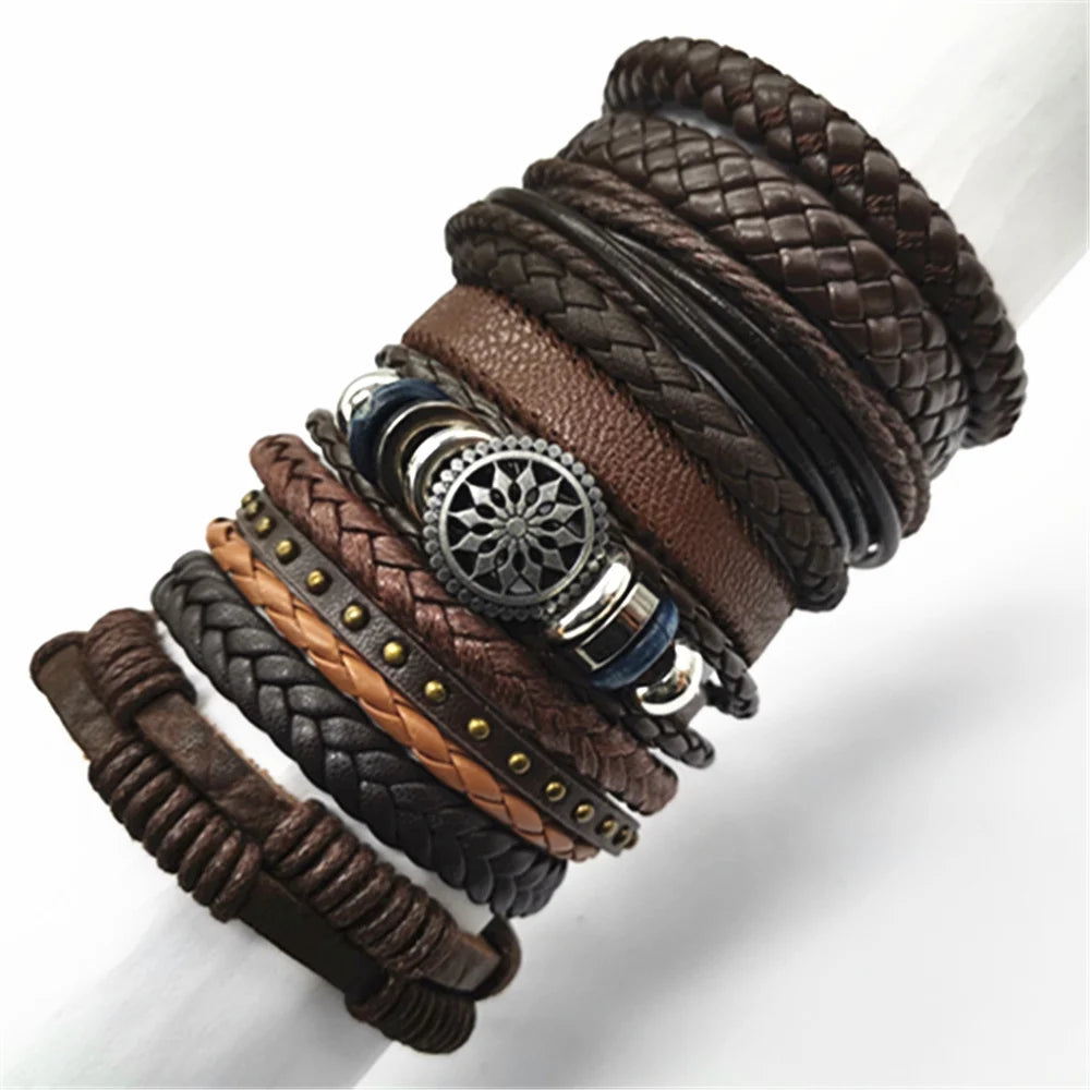 10-Piece Black Braided Leather Wrap Bracelet Set