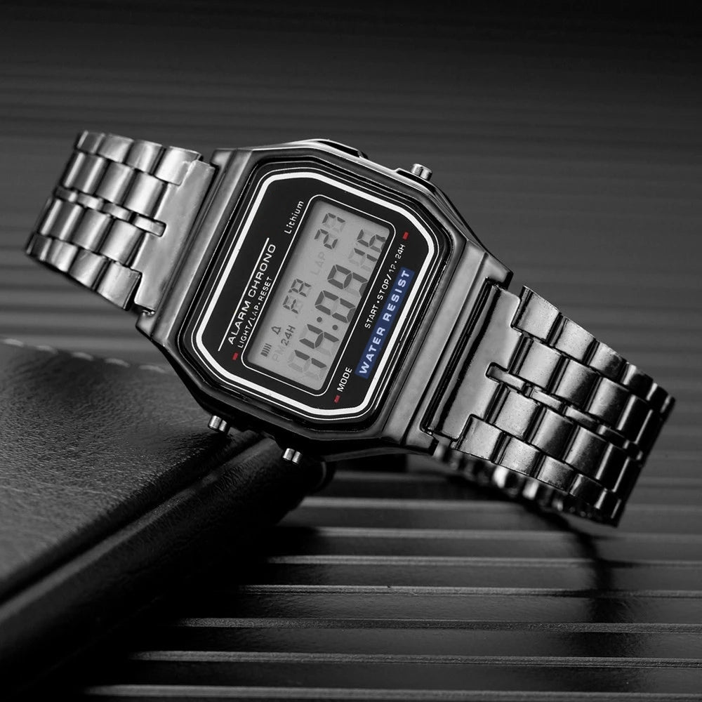Vintage Digital LED Watch with Stainless Steel Bracelet