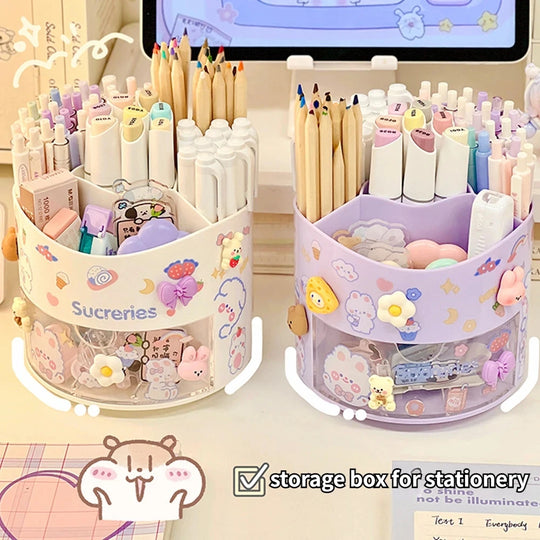 Cute Rotating Pen Holder with Drawer Storage Organizer