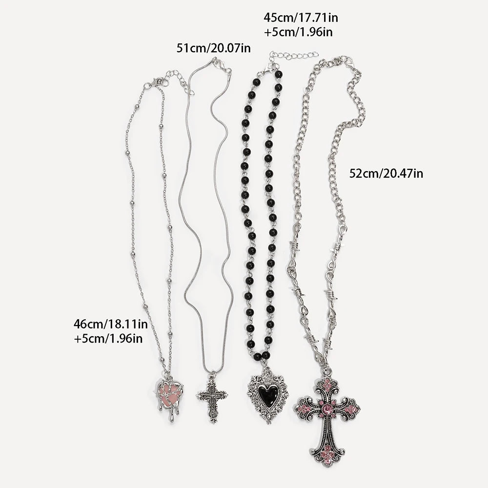 Y2K Cross &amp; Heart Pendant Necklace Set for Women