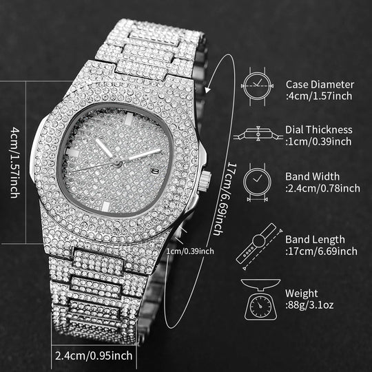 Luxury Diamond Quartz Stainless Steel Men&