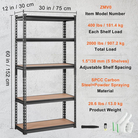 Heavy Duty 5-Tier Metal Storage Shelf 30x12x60 Black