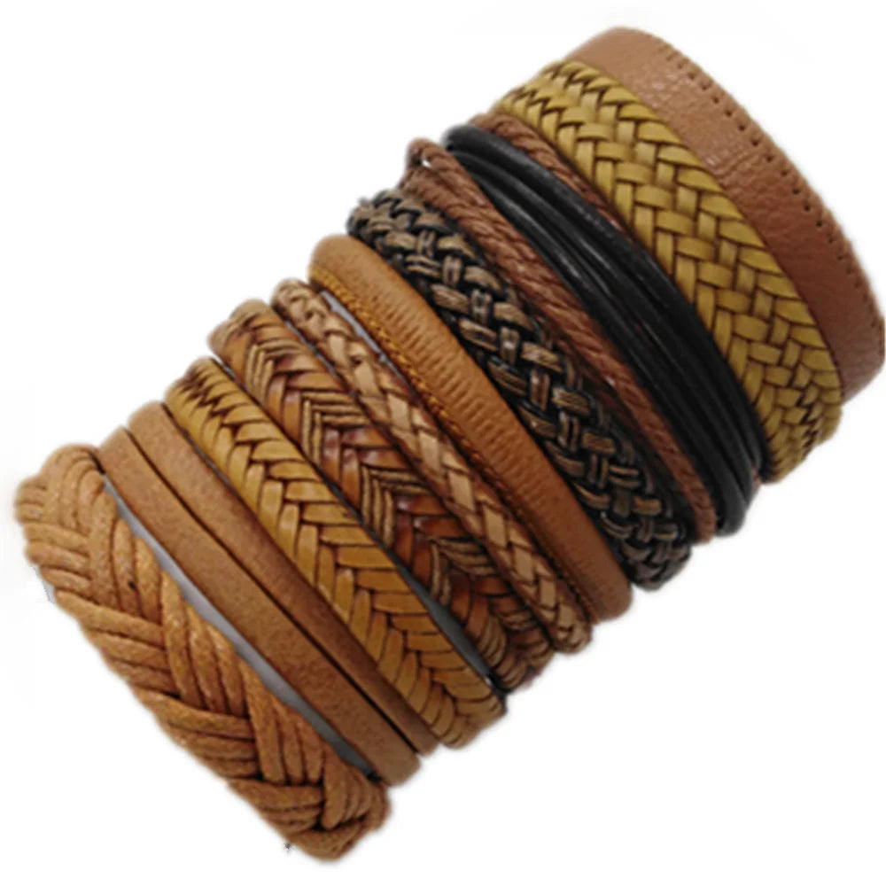 10-Piece Black Braided Leather Wrap Bracelet Set