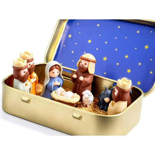 Portable Miniature Christmas Nativity Scene in Tin Box