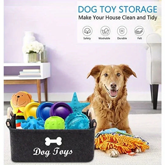 Felt Dog Toy Storage Basket with Wooden Handles