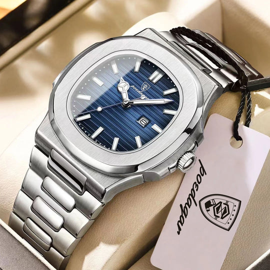 POEDAGAR Stainless Steel Quartz Square Men&